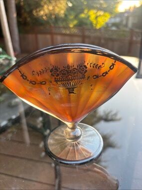 Vintage Amber Glass Fan Vase with Black Floral Motif